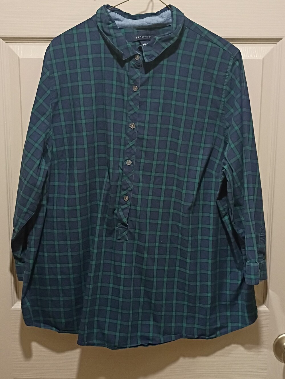 Lands' End green & navy plaid flannel Popover Plus Size 20w 100% Cotton GUC
